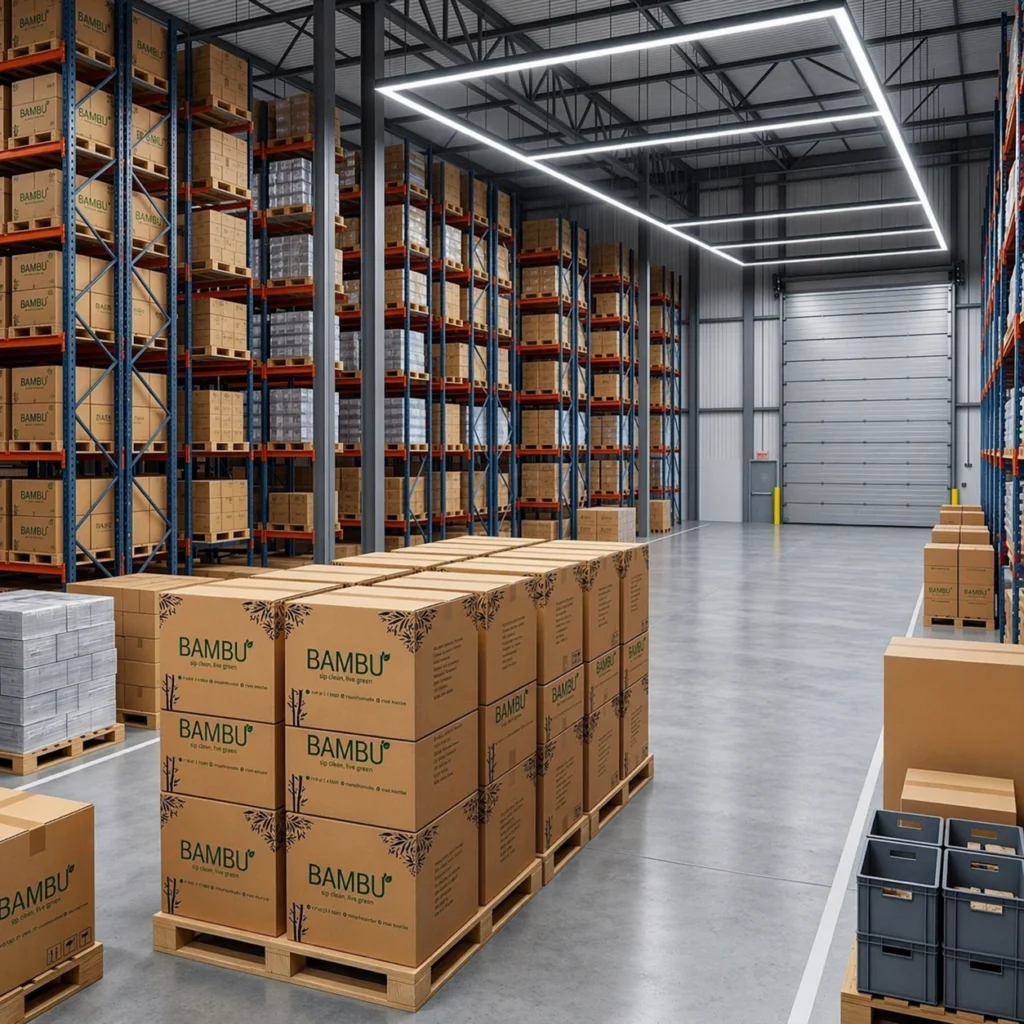 Bambu straws stored on industrial racks for large scale wholesale supply