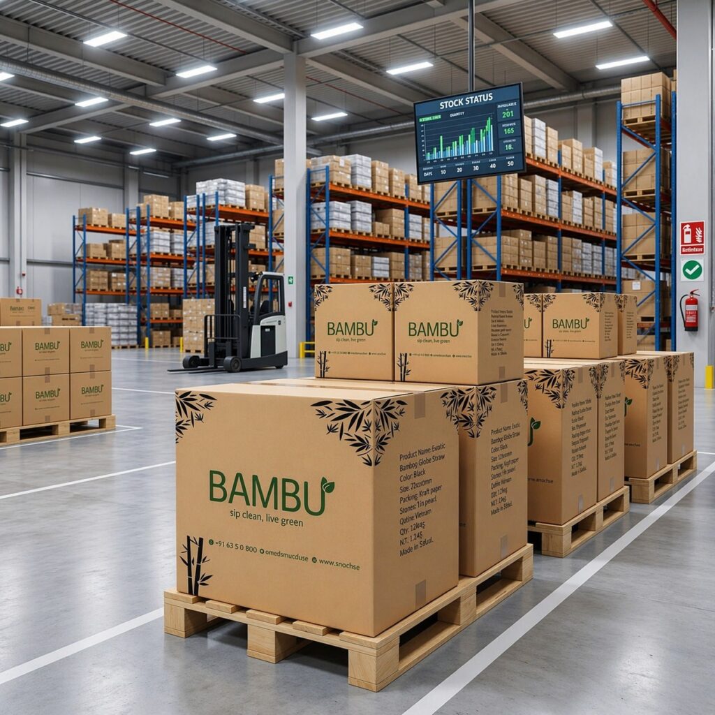 Large warehouse storing bambu straws in bulk for wholesale distribution across USA